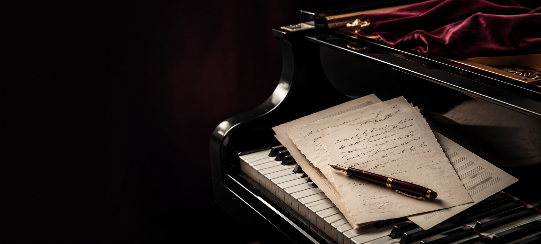 Grand piano with handwritten lyrics and a fountain pen